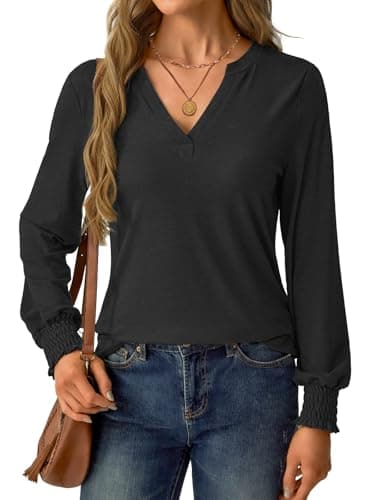 GKBK Womens Long Sleeve Shirts Fall Tops V Neck Business Dressy Casual Blouses with Smocked Cuffs Black - Thumbnail 5