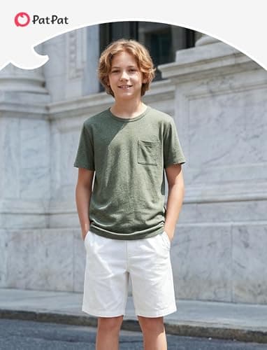 PATPAT Boys Short Sleeve Shirts Size 15-16 Years Army Green Summer Crewneck T Shirt with Chest Pocket Casual Basic Tops Tees for Teen Boy - Thumbnail 2