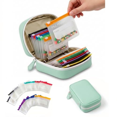 NeLiangIA Mint Green Waterproof Pill Organizer, Large Capacity Travel Medicine Organizer with 14 Color Pouches, Pastilleros para Medicamentos, Portable Travel Pill Organizer for Family & Long Travel