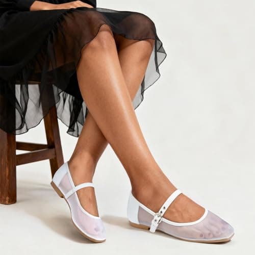 ATHMILE Women's White Mesh Flats for Women Mary Janes Shoes Women Square Toe Ballet Flats with Adjustable Strap, Slip-On Comfortable Casual Dress Shoes for Office, Date Night and Daily Wear Size 9 - Thumbnail 6