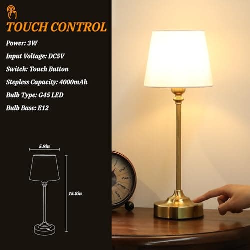 Cordless Table Lamp Rechargeable Gold - 1 Pack Brass 4000mAH Battery Operated Lamp for Decor, 3000K Stepless Dimming Touch Control Wireless Lamp for Bedroom, Dining Table, Counter, Living Room - Thumbnail 6