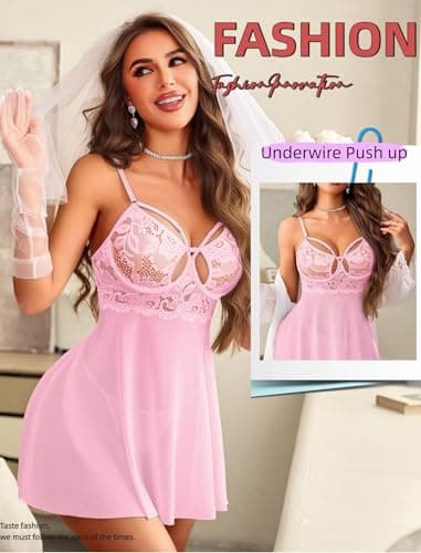 Avidlove Sexy Lingerie Chemise for Women V Neck Push Up Lingerie Set Sheer Lace Underwire Negligee Chemise Pink M - Thumbnail 3