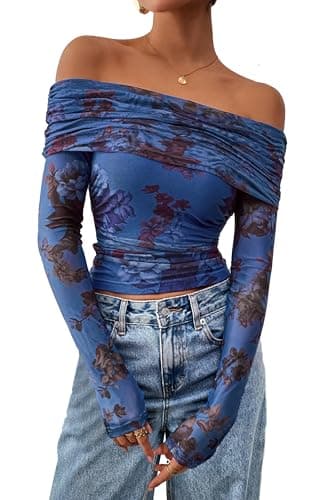 PRETTYGARDEN Womens Tops 2026 Spring Off The Shoulder Long Sleeve Fitted Y2k Shirts Floral Ruched Mesh Going Out Outfits(Floral Blue,Large) - Image 1