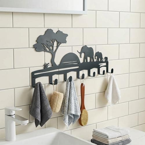 Metal Key Holder Wall Mount, African Safari Key Rack Hooks, Elephant Family Sunset Wall Art Organizer for Entryway, Kitchen, Hallway, Garage, Farmhouse Home Decor & Housewarming Gift (Elephant) - Thumbnail 6