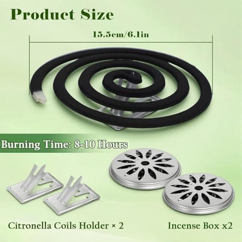 FIRIK Citronella Coils Outdoor, 20 PCS Citronella Incense Coil with 2 Incense Burner and 2 Coil Holders, Natural Lemongrass Coils for Patio Camping Farms Courtyards Backyard Garden BBQ Indoor, Black - Thumbnail 2
