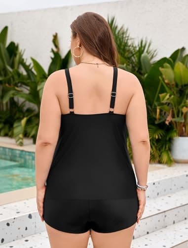 ZAFUL Plus Size Flowy Tankini Swimsuits for Women Two Piece Bathing Suit Ruffle Tankini Top with High Waisted Swim Shorts Black 2XL - Thumbnail 6