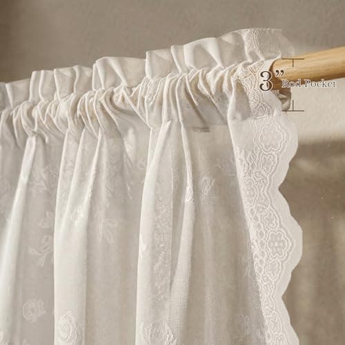 NICETOWN Outdoor Lace Sheer Curtains for Patio Waterproof, Rose & Butterfly Embroidered Curtains for Garden Privacy, Wavy Edge Rod Pocket Chic Gazebo Decoration 2 Panels, Ivory White, W54 x L96 in - Thumbnail 4
