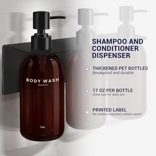 KLL Shampoo and Conditioner Dispenser - Wall Mounted Shower Soap Dispenser - 17oz No-Drill Refillable Plastic Pump Bottles for Bathroom - Includes Soap Dish & Hook (Brown) - Thumbnail 3
