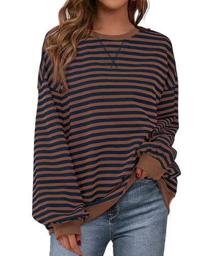 BTFBM Sweatshirt For Women 2026 Summer Crewneck Long Sleeve Oversized Striped Pullover Tops Y2K Clothes Workout Shirt(Brown Navy, Small) - Image 1
