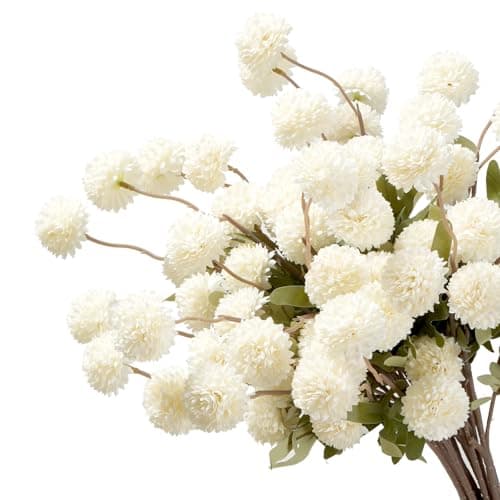 trytuny Fake Fall Flowers for Vase, Faux Silk Kiku Mums, Artificial Pom pom Floral Bouquets Indoor Centerpiece Office Coffee Table Boho Home Decorations (9, White) - Thumbnail 2