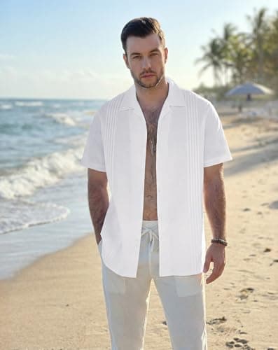 Guayabera Shirts for Men Linen Button Down Short Sleeves Shirt Casual Summer Cuban Vacation Beach Tops - Thumbnail 3