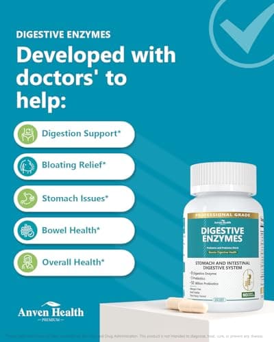 Anven Health 800mg Digestive Enzymes for Men and Women with Probiotics & Organic Prebiotics, 8 Key Enzymes, Protease, Amylase & Lipase for Bloating, Gas Relief, Non-GMO | 90 Capsules - Thumbnail 4