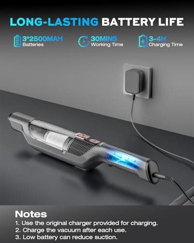 Zefiro Compact Powerful Cordless Handheld Vacuum, Rechargeable Portable Car Vacuum for Car & Pet Hair, 25000PA High Power Suction, XL Dust Cup, 2 Brushes & Filters, Long Runtime with Charger - Thumbnail 5