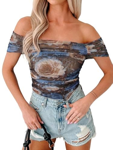 Glamaker Women Off The Shoulder Mesh Tops 2026 Summer Floral Sheer Short Sleeve Ruched Fitted Going Out Y2k Shirts Blouses Brown Blue Rose M - Image 1