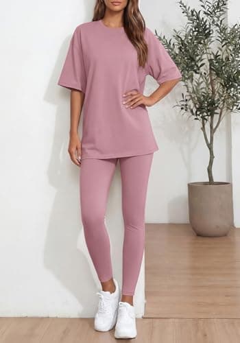 BTFBM Two Piece Lounge Set Women 2026 Spring Casual Oversized Shirts Leggings Matching Workout Airport Travel Outfits(Pink, XX-Large) - Thumbnail 5