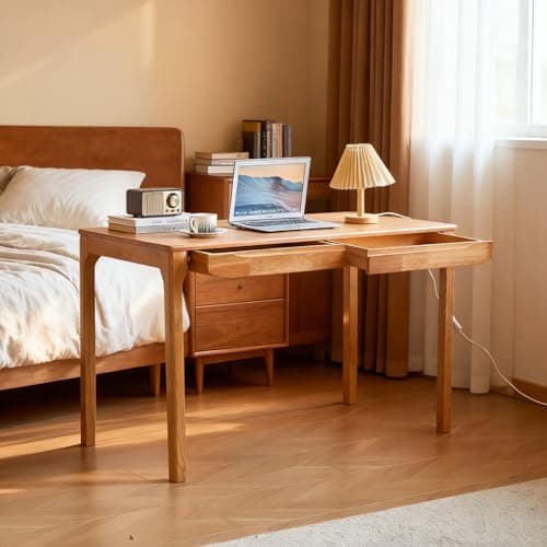 SUSVQLXG 47"x24" Solid Wood Desk with Drawers,Wood Writing Desk for Small Spaces, Home Office Desks for Work,Gaming Study PC Desk for Bedroom,Student Computer Desks(Natural Wood Color, 47 inch) - Thumbnail 3