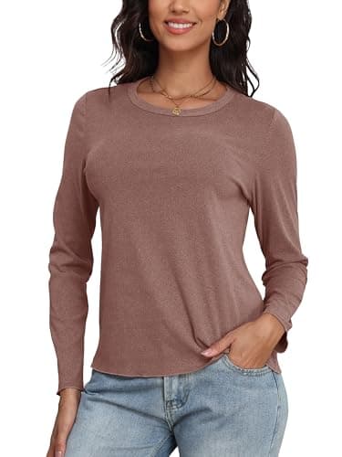 COCOMARTS Womens Long Sleeve Crewneck Knit Basic Tops Loose Casual Shirt 2025 Fall Winter Outdoor Thermal Undershirts Brown Large - Image 1
