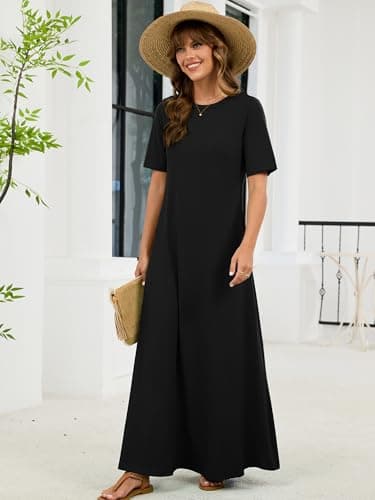 KORSIS Women's Summer Black XL Dresses Short Sleeve Casual Long T-Shirt Dress Loose Flowy Beach Vacation Sundress with Pockets - Thumbnail 4
