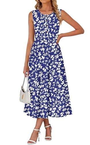 MISFAY Womens Summer Maxi Dresses Casual Buttons Crew Neck Sleeveless Swing Beach Vacation Boho Sun Dress with Pockets(Floral Blue,S) - Image 1