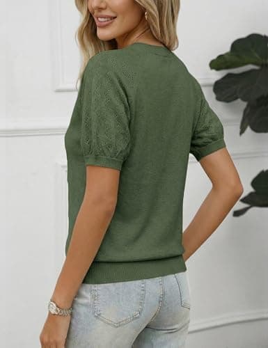 LaGracia Puff Short Sleeve Sweater for Women Summer Puff Sleeve Sweater Tops Spring V Neck Cauasl Dressy Shirts Cute 2026 Army Green S - Thumbnail 4