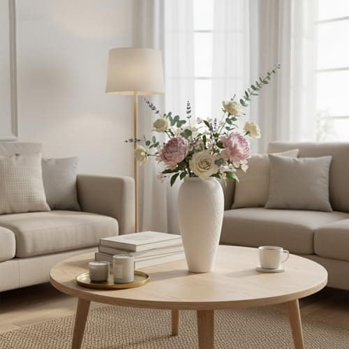 White Ceramic Vase, Large 12.6 Inch Tall Ceramic Flower Vase Home Decor, Minimalist Texture Stone White Flower Vase, Decorative Vase for Living Room Shelf Farmhouse Dining Table Centerpiece Decor - Thumbnail 2
