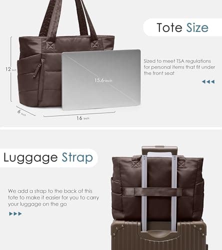 Tote Bag for Women with Zipper, Quilted Puffer Tote Bag with Compartments, Lightweight Puffy Work Bags for Women Travel (Dark Brown) - Thumbnail 5