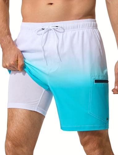SILKWORLD Swim Trunks Men Quick Dry Bathing Suit 2 in 1 Swim Shorts Men with Zip Pockets, White Blue Gradient, Large - Image 1