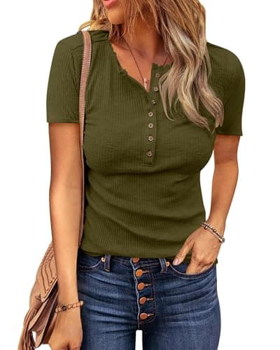 BTFBM Womens Tops 2026 Summer Top Henley V Neck Short Sleeve Button Slim Fit Casual Ribbed Shirts Blouses Spring Outfits(Army Green, Large) - Image 1