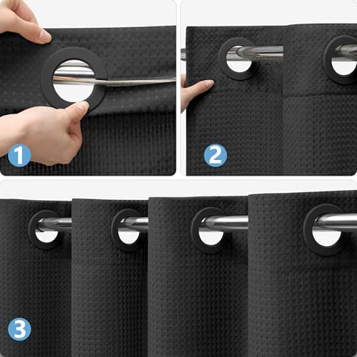 PILOTSHARK No Hook Waffle Weave Shower Curtain with Snap-in Fabric Liner,256GSM Heavy Duty Fabric Shower Curtain Set,Black Waterproof Washable Luxury Shower Curtain for Bathroom Stall (72x75 Inch) - Thumbnail 3