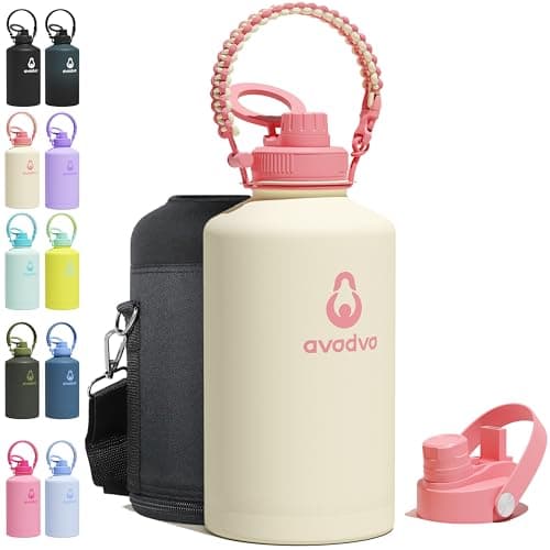 avodvo 1 Gallon Water Bottle with 2 Lids (2-in-1 Straw & Spout Lid, Magnetic Lid), Insulated Water Bottle with Strap, Stainless Steel Water Bottle for Hiking, Gym, Travel, BPA-Free, Light Pink