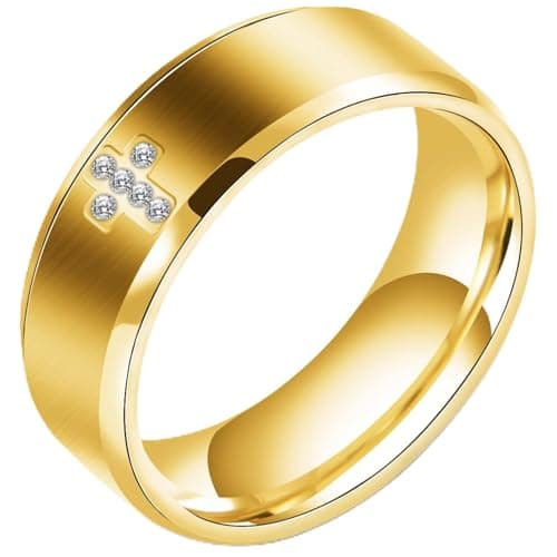 SYDNFZY Mens Wedding Band Ring - 8mm Stainless Steel Engagement Promise Rings for Men Women, Cross Classic Ring with Princess Cut Cubic Zirconia for Men Jewelry Gift Ring Size 6 7 8 9 10 11 (Gold, 6) - Image 1