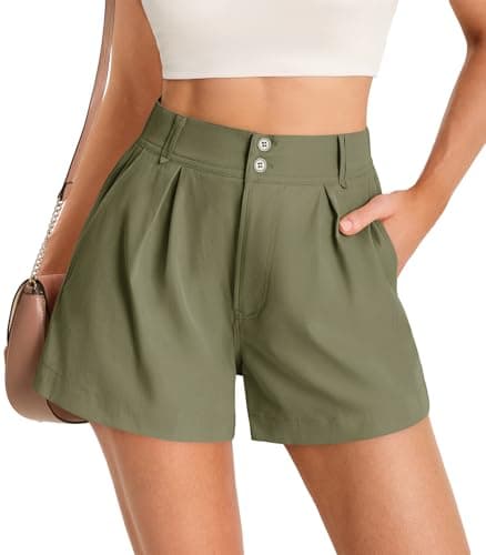 Cicy Bell Womens Summer Elastic High Waisted Shorts Pleated Wide Leg Trendy Casual A Line Comfy Shorts Army Green