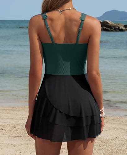 Charmo Swimdress Women Tummy Control Swimsuits Women Bathing Suit Scalloped One Piece Swimsuit Women Green and Black L - Thumbnail 2