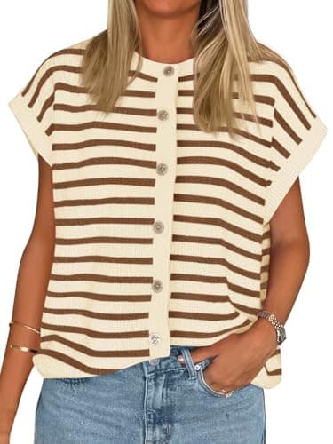 Cicy Bell Womens Striped Cap Sleeve Sweater Vest Crew Neck Button Down Cardigan Cute Knit Tops Beige - Image 1