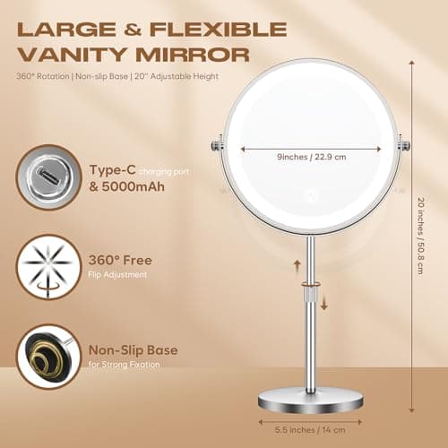 Dienmern Makeup Mirror with Lights, 1X/20X Double-Sided Magnifying Vanity Mirror, 360° Rotation, 5000mAh Rechargeable Adjustable Brightness with 3 Colors for Dorm, Living Room, Women Gift - Thumbnail 6