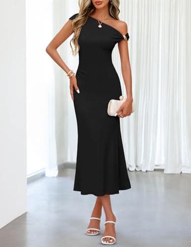 MEROKEETY Women's Wedding Guest One Shoulder Dresses 2026 Summer Formal Elegant Cocktail Party Midi Dress, Black, XL - Thumbnail 3