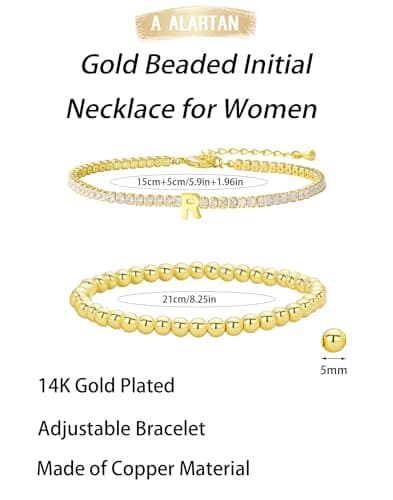 14K Gold Plated Bracelets for Women Dainty Tennis Initial Bracelet Trendy Beaded Stackable Charm Bracelets Layered Waterproof Bracelet Dainty Bracelet for Women Jewelry Gifts （R - Thumbnail 4