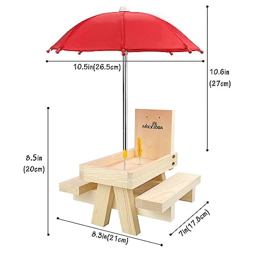 MIXXIDEA Squirrel Feeder Table with Umbrella, Wooden Squirrel Picnic Table Feeder, Sturdy Squirrels Feeder Corn Cob Holder, with Solid Structure and 2 x Thick Benches(1pk) - Thumbnail 2