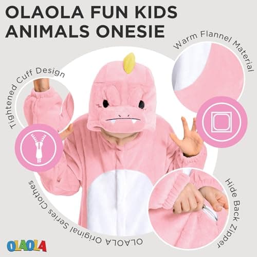 OLAOLA Kids Animal Onesie, Unisex Pink Dinosaur Onesies, Plush Cosplay Pajamas for Girls Boys, One-Piece Sleepwear Halloween Costume - Thumbnail 2