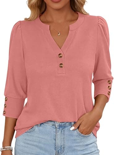 ANRABESS Womens Tops 3/4 Sleeve Casual Henley Shirts V Neck Buttons Dressy Work Business Blouses 2026 Spring Trendy Clothes Large Coral - Image 1
