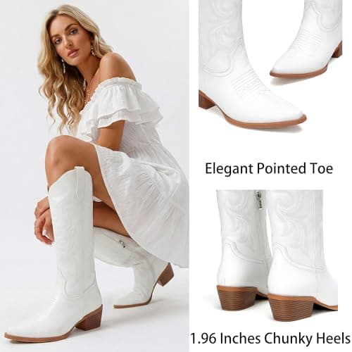 Cozivwaiy Knee high Cowboy Boots Women Embroidered White Tall Boots 1.96 Inch Heels Pull on Cowgirl Boot Pu Leather Western Ranch Boot Country Concert Shoes Zipper Chunky 9 - Thumbnail 2