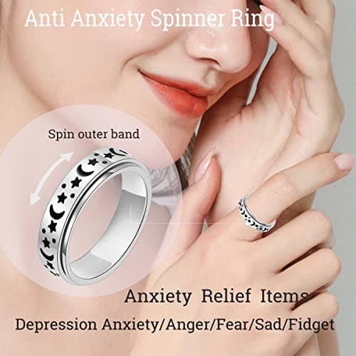 MHWTTY Anxiety Ring for Women Fidget Toys Adults Ring Stainless Steel Spinner Rings Moon Star Fidget Rings Gift for Women Men Silver Size 6 - Thumbnail 3