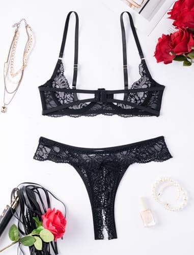 Avidlove Black Lace Lingerie Set for Women Underwire Push Up Bra with Panties Lingerie Set Black XL - Thumbnail 4