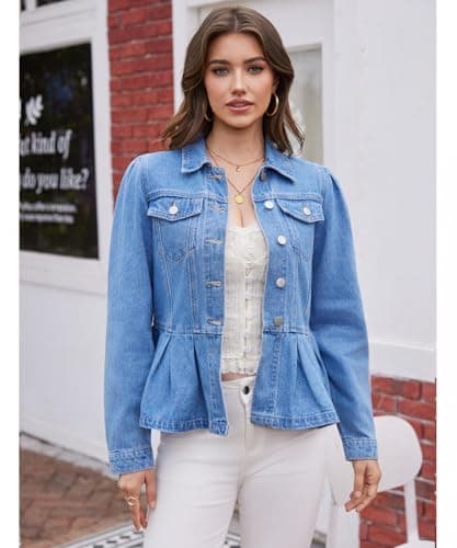 J.Corrine Womens Denim Jacket Peplum Ruffle Hem Jeans Jacket Button Down Casual Trendy Puff Long Sleeve Jean Jackets Blue L - Thumbnail 3
