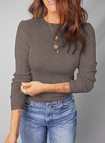 Dokotoo Fall Sweaters for Women 2025 Basic Tops Fahion Chocolate Brown Fall Clothes Trendy Pullover Sweater Solid Long Sleeve Crewneck Slim Fit Casual Outfits Ladies Winter Clothing X-Large - Thumbnail 3