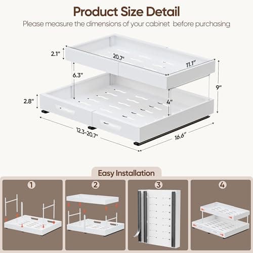 Nacial 2 Tier Pull Out Cabinet Organizer, Expandable(12.3"-20.7" W) Slide Out Cabinet Drawer with Adhesive Nano Film, Adjustable Heavy Duty Roll Out Shelves for Kitchen Pantry Bathroom Storage, White - Thumbnail 2