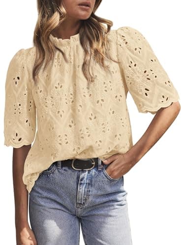 PRETTYGARDEN Summer Tops for Women 2026 Short Sleeve Embroidered Eyelet Shirts Dressy Casual Blouses Spring Fashion Clothes(Beige Yellow,XX-Large) - Image 1