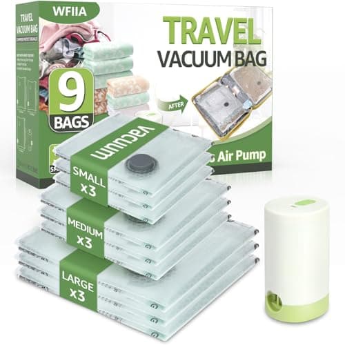 9 Packs Vacuum Bags for Travel with Rechargeable air Pump, 3 Sizes Vacuum Seal Bags for Clothing, Space-Saving Compression Storage Bags for Travel & Closet Organization - Image 1