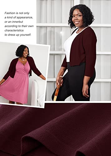 AusLook Bolero Plus Size 3/4 Sleeve Christmas Cardigan for Women Burgundy 3X Lightweight Tops Open Front Knit Cropped Bolero Shrug Sweater Coat for Summer Evening dresses - Thumbnail 5
