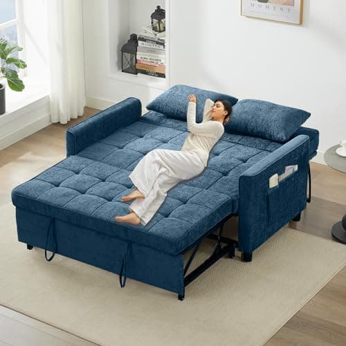 Tbfit 57" Love Seat Sleeper Bed, Convertible Pull Out Couch Bed, Chenille Loveseat Sofa Bed with USB & Adjustable Backrest, Full Size Pull Out Couches for Living Room, Apartment, Office, Dorm, Blue - Thumbnail 2